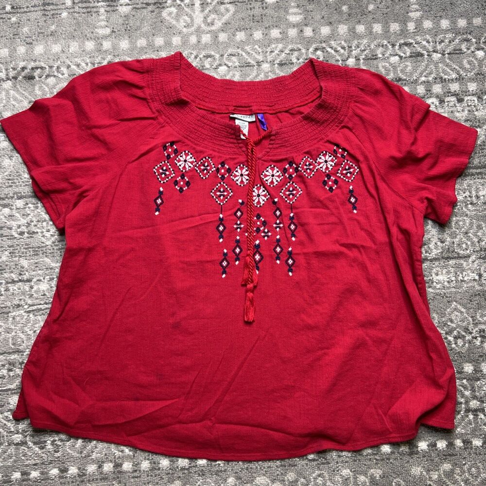 Catherines Crinkle Peasant Top Blouse Women’s 3XWP Petite Plus Red Embroidered